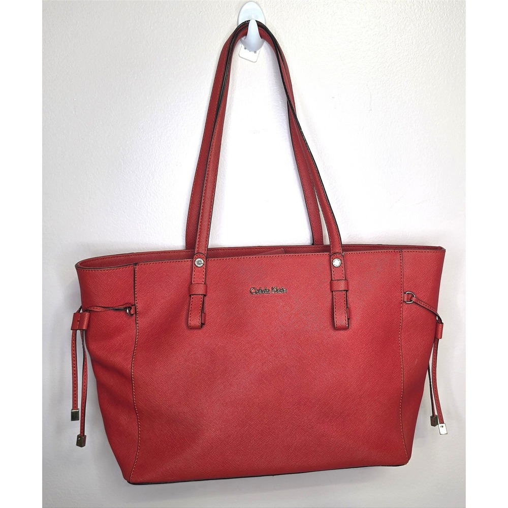 Calvin Klein Corporate Chic Saffiano Leather Tote Bag Large Red Handbag